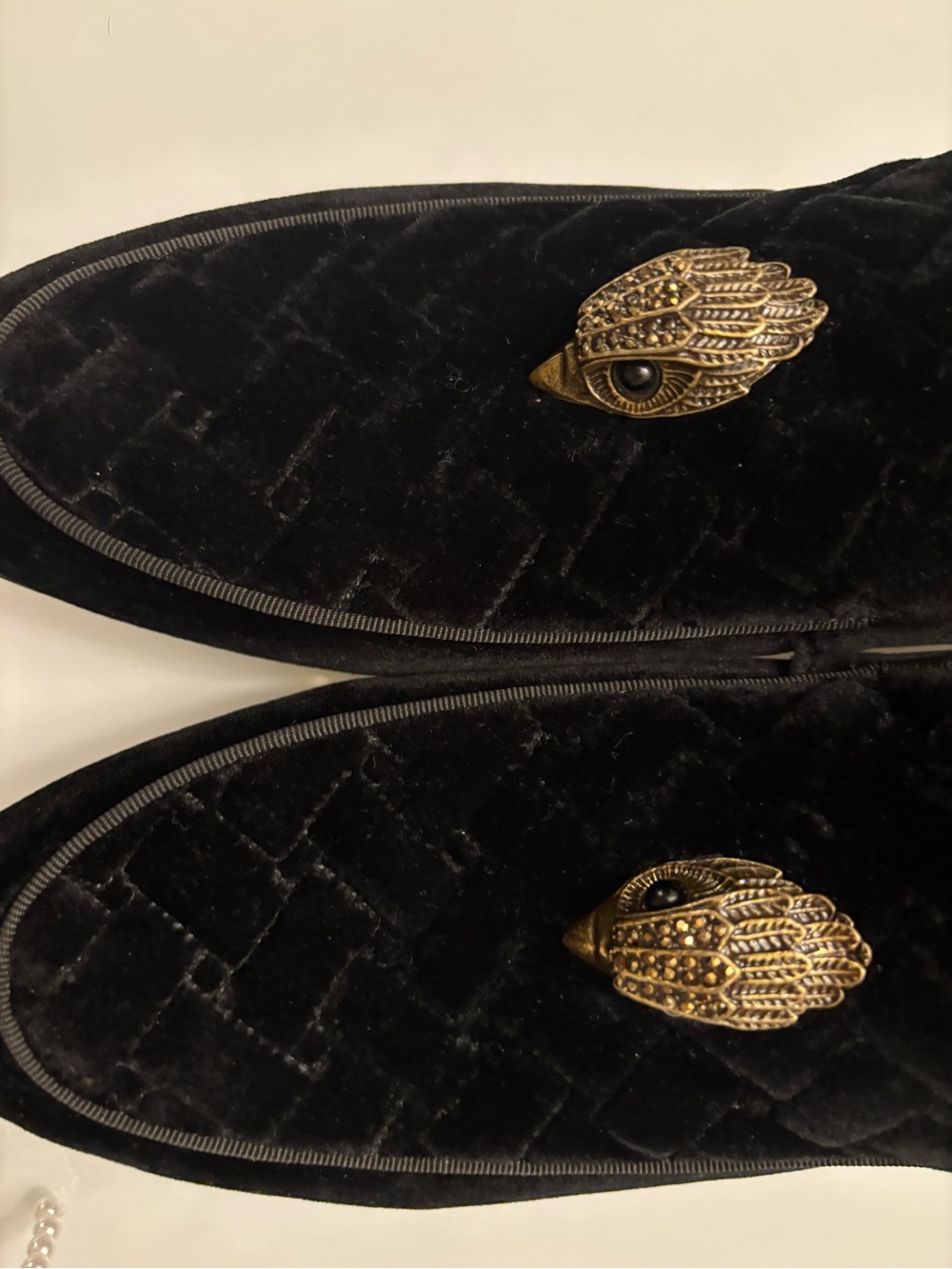 Kurt Geiger Black Velvet Slip-On Loafers with Ornate Gold Emblem